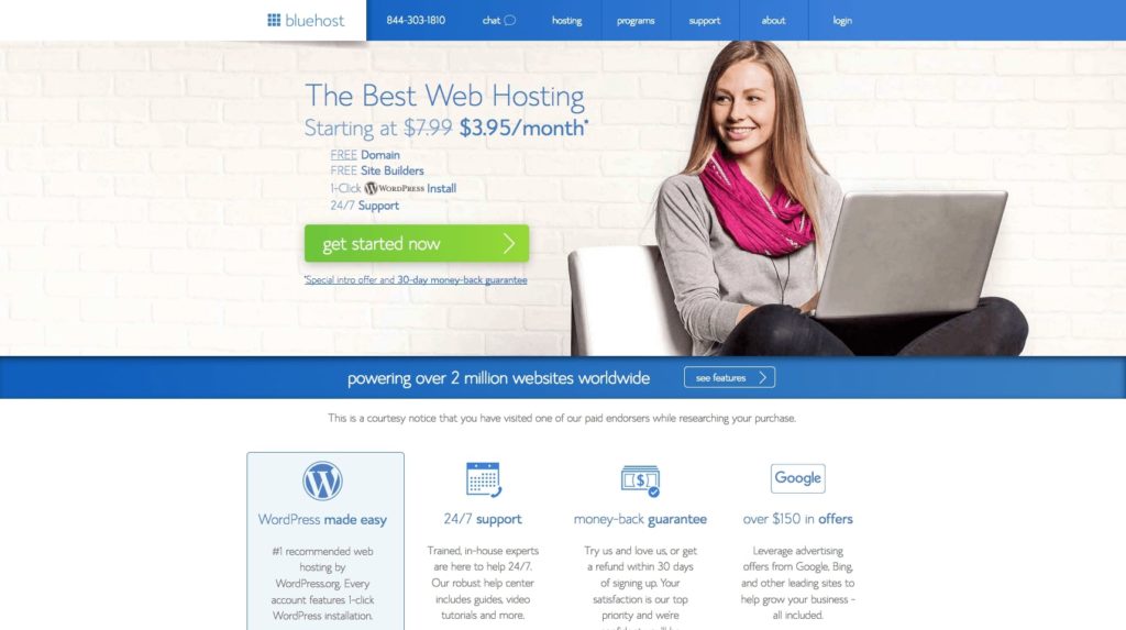 bluehost homepage to purchase webhosting for starting a blog