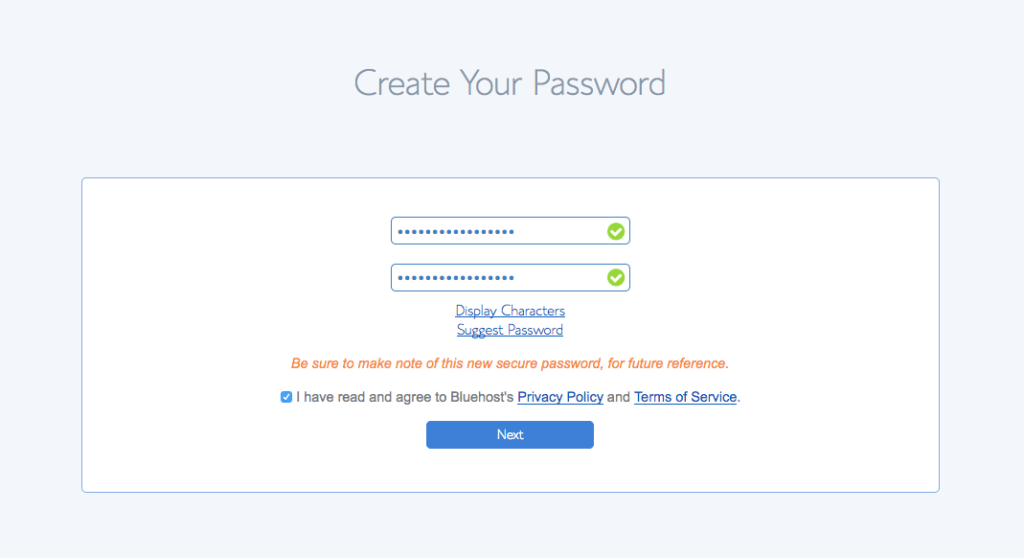 bluehost password section