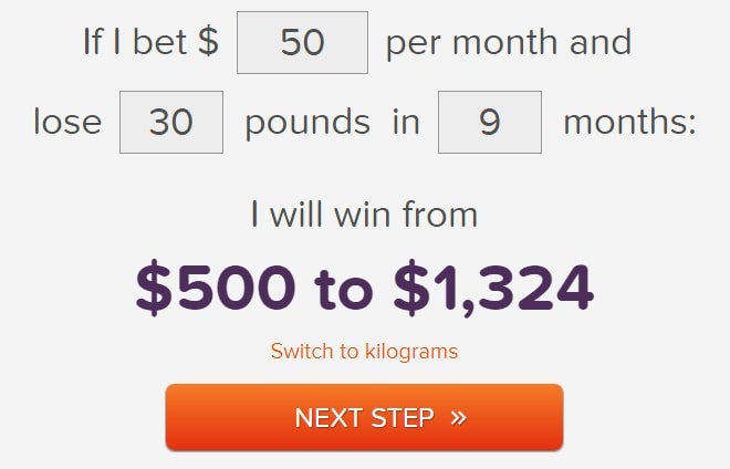 this image shows HealthyWage calculator and how you can use it to find out how much you will get paid to lose weight.