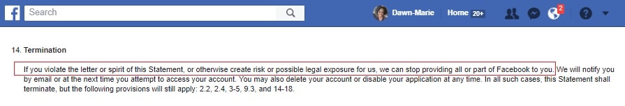 email marketing post showing Facebook's terms and conditions that your account can be terminated 