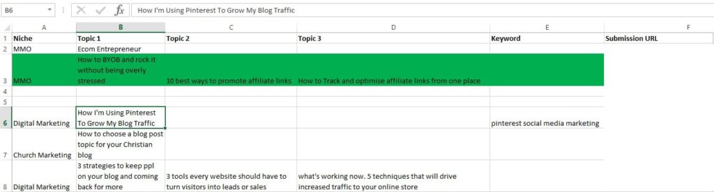 excel spreadsheet showing how to keep track of guest blog requests-min
