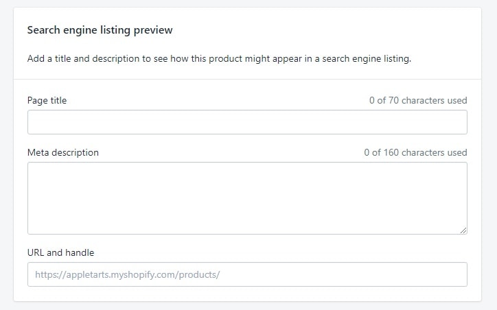shopify seo from within the shopify product editor